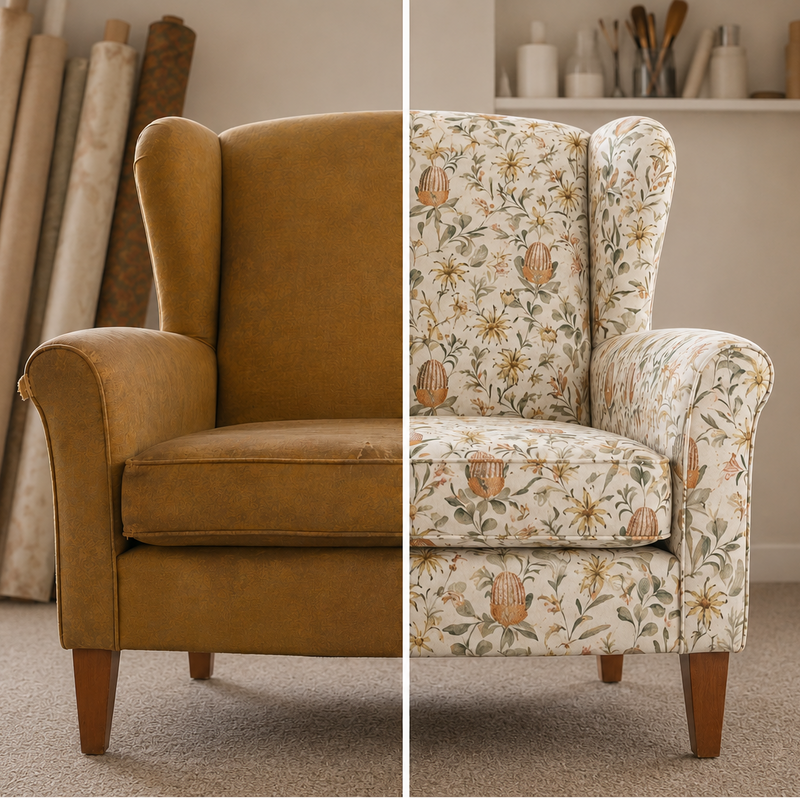 Two armchairs, one brown and one patterned floral, in a room setting.